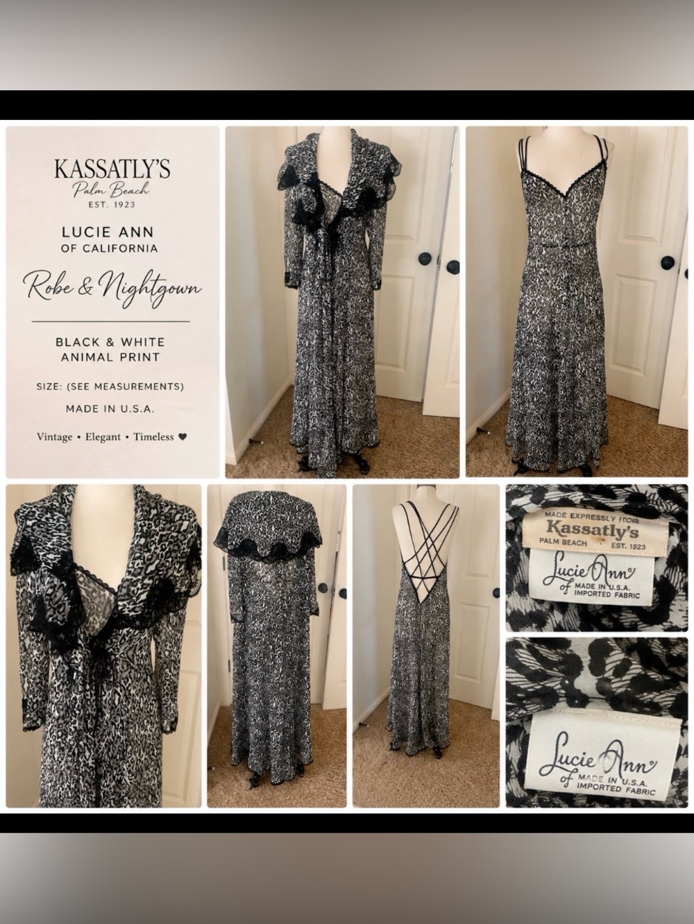 Lucie Ann robe and nightgown set beautiful, black and white size small